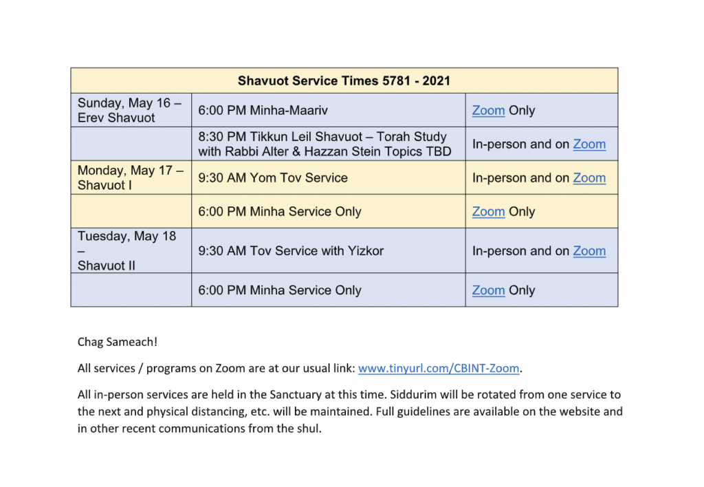 Shavuot Service Times